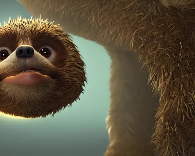 Image similar to sonic the hedgehog as a sloth, weta hyperrealism cinematic lighting and compositon