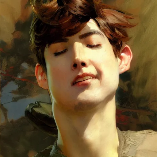 Prompt: detailed portrait of anime boy adam graceful, eyes closed, painting by gaston bussiere, craig mullins, j. c. leyendecker
