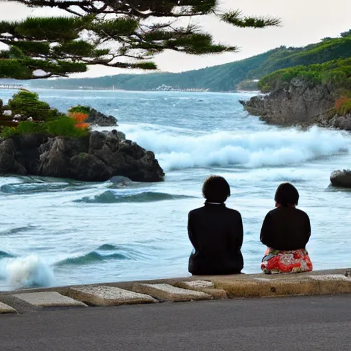 Prompt: ocean, waves, japanese style, japanese street and a couple of people sitting on a stone