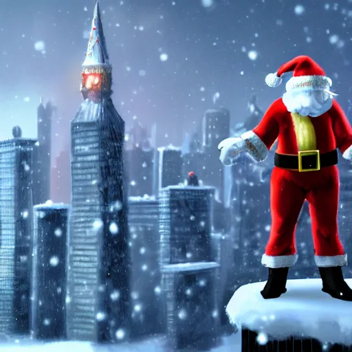 Prompt: santa claus dressed as batman, rooftop of skyscraper, sleigh of presents, snowy night in the big city, 4 k, concept art, artstation