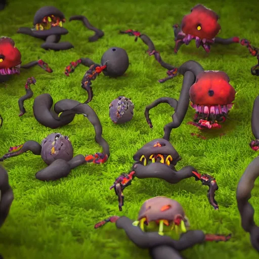 Prompt: voidless of the festival!, The Graveyard, blood moon tentacles!!, large group of crabs and worms, crawling along a bed of moss, low poly, creeper world, handcrafted, artstation, hyperrealistic, hard light, best practices, creeptastic, photorealism, macro perspective, cuddly