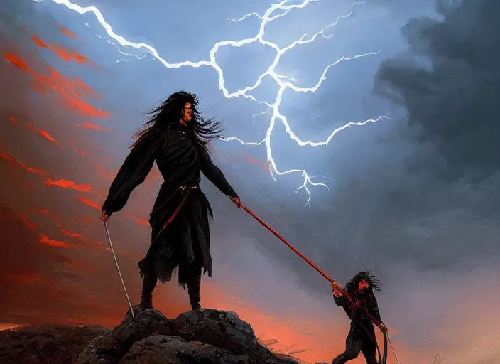 Image similar to a man with a long wavy black hair wearing a long blue coat and holding a spear stands with his back to the viewer on bare rocky ground looking up at an immense approaching lightning storm. roiling dramatic threatening dangerous looming clouds in shades of red and orange and blue and grey and black. fantasy art by greg rutkowski and michael whelan