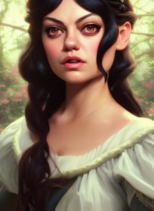 Image similar to beautiful happy mila kunis as snow white princess disney, character art, art by artgerm lau and wlop and and ilya kuvshinov and john singer sargent, hyperdetailed, 8 k realistic, symmetrical, frostbite 3 engine, cryengine, dof, trending on artstation, digital art