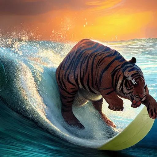 Image similar to a closeup photorealistic photograph of a smiling cute tiger hippopotamus riding a large wave during sunset. surf in the background. professional capture. brightly lit scene. this 4 k hd image is trending on artstation, featured on behance, well - rendered, extra crisp, features intricate detail, epic composition and the style of unreal engine.