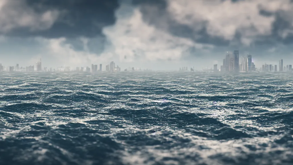 Image similar to a city floating on the ocean, crashing waves, far view, 3 5 mm dslr photograph, photorealistic, 4 k, rendered in octane