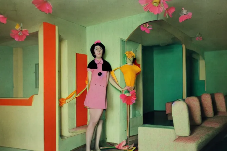 Image similar to giant flower head, girl standing in 1 9 6 0 s hotel, surreal photography, symmetry, mid century, liminal space, bright colours, wes anderson