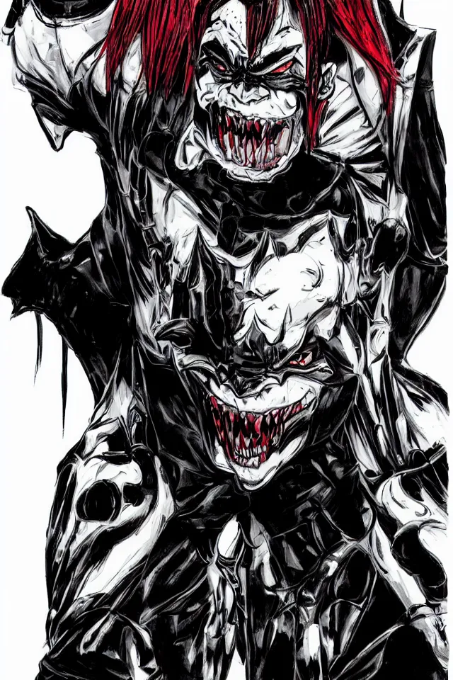 Prompt: The Batman Who Laughs Portrait, Full Figure, Yasushi Nirasawa Cartoon Anime Style