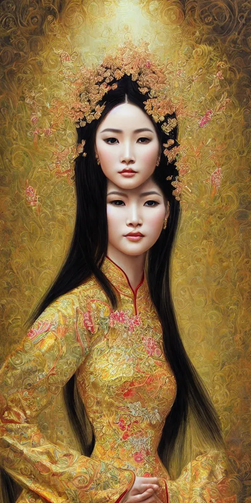 Image similar to portrait of a beautiful vietnamese woman wearing vietnamese ao dai, intricate, detailed, symmetric face, by wlop and karol bak