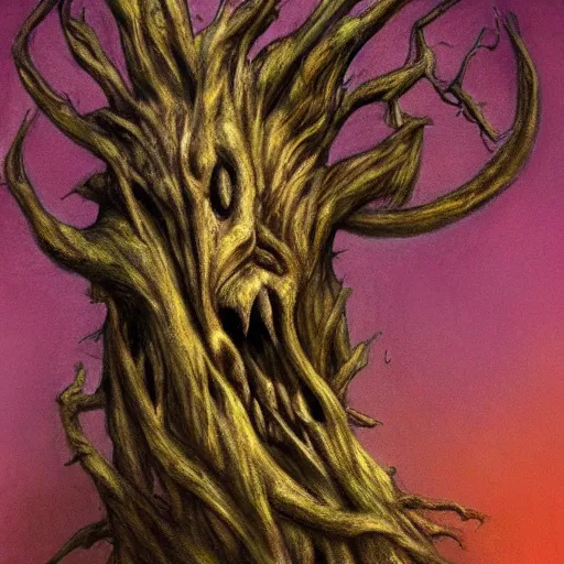 Prompt: a dramatic twisted screaming tree with the face of a human, haunting art, brian froud style, 8 k, trending on artstation