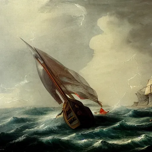 Prompt: a medieval vessel sailing the sea in a rough storm, sailors frantically pulling at ropes and tying the sails, large waves crashing and lightning striking in the distance, dark great clouds swirling above, detailed and oil painting