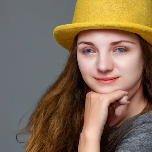 Prompt: portrait of 2 0 - year - old woman with angle lost profile looking away, small smile, cinematic colors, medium yellow blond hair, brown hat, hair comes out of the hat a little