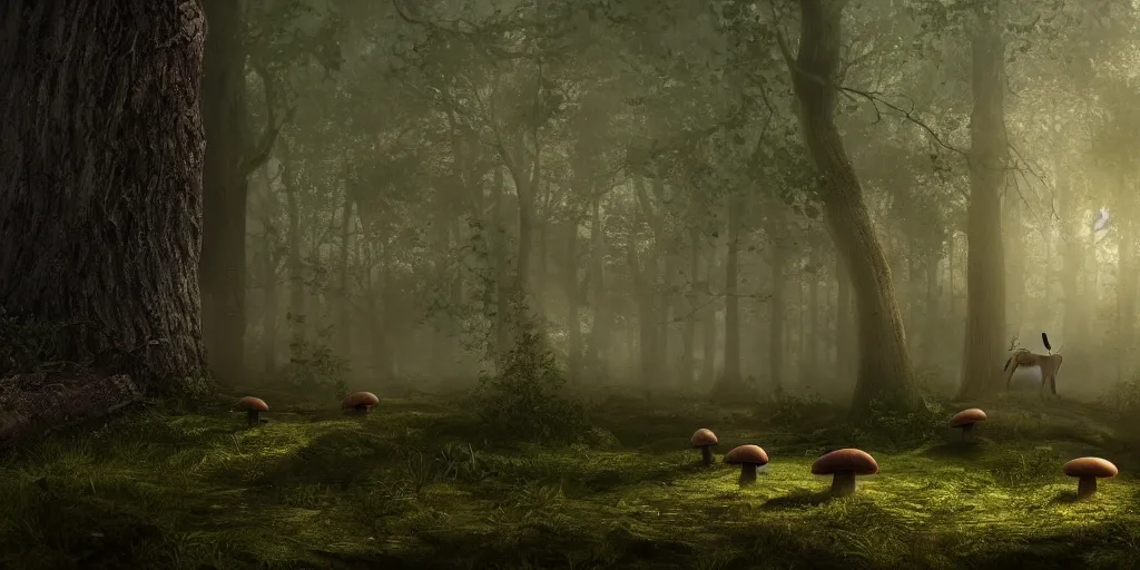 Image similar to forrest full of mushrooms and one deer, superwide angle, light through the mist, dramatic lighting, photorealistic, cinematic lighting, high detail, cinematic feel, high octane, 4 k, unreal engine, digital render, intricate, ultra realistic, concept art