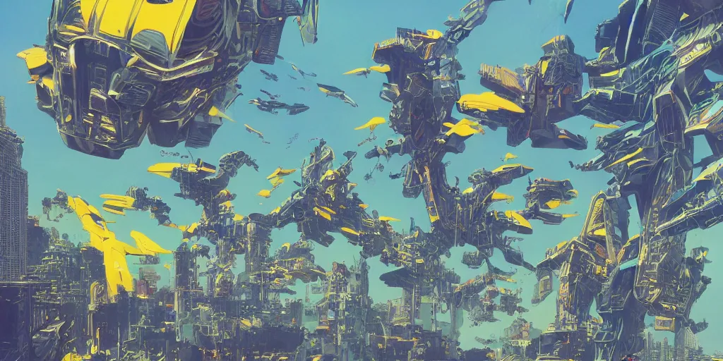 Prompt: risograph, gigantic mecha arzach birds, no artifacts, tiny rats, a lot of exotic animals around, big human faces everywhere, helicopters and tremendous birds, by satoshi kon and moebius, matte yellow colors, surreal design, crispy, super - detailed, a lot of tiny details, no blur, 4 k, fullshot