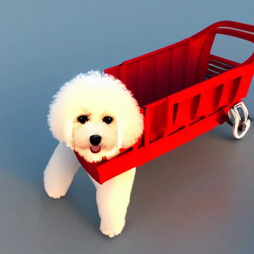 Prompt: a photorealistic photograph of a smiling white Bichon Frisé puppy riding in a red wagon overflowing with french fries during sunset at the beach Trending on Artstation, featured on Behance, well-rendered, Unreal Engine, 4K HD