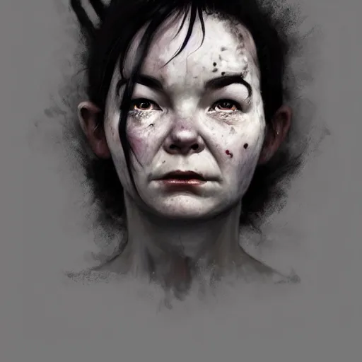 Image similar to head portrait of clothed young adult bjork as a zombie, 7 days to die zombie, gritty background, fine art, award winning, intricate, elegant, sharp focus, cinematic lighting, digital painting, 8 k concept art, art by michael hussar, art by brom, art by guweiz and z. w. gu, 8 k