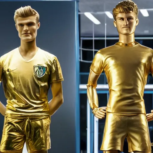 Image similar to a realistic detailed photo of a guy who is an attractive humanoid who is half robot and half humanoid, who is a male android, soccer players martin ødegaard & timo werner, shiny skin, posing like a statue, blank stare, in a factory, on display, showing off his muscles, gold soccer shorts, side view, repairing the other one