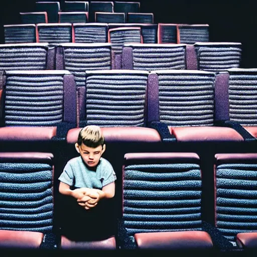 Prompt: real photo of a boy sitting alone in a cinema, extremely detailed and intricate