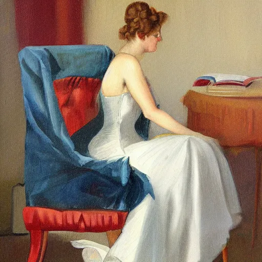 Image similar to a painting of a woman sitting on a chair in the style of margaret keene