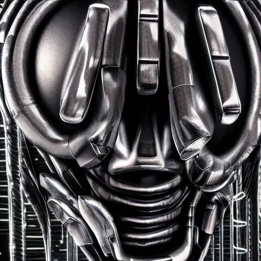 Image similar to a close up of a mask on a table, cyberpunk art by Giger, zbrush central contest winner, afrofuturism, made of paperclips, darksynth, made of liquid metal