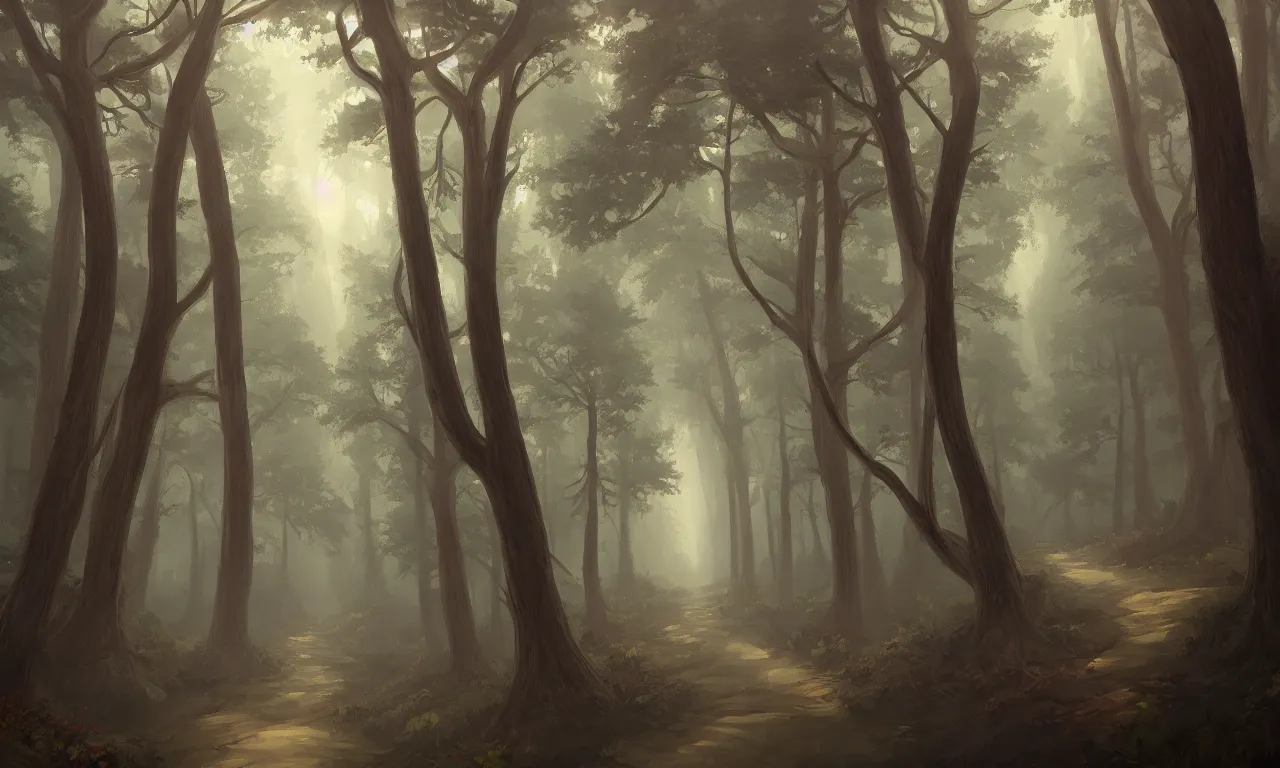 Prompt: a painting of a one path leading to a mystical creepy forest full of wonders, pine trees, magical atmosphere, trending on artstation, 30mm, by Noah Bradley