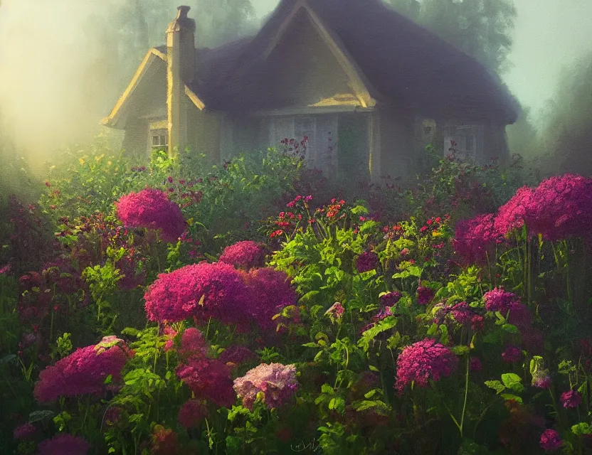 Prompt: amorphous, gooey life form consuming a cottage garden in a beautiful foggy morning. oil painting, indie concept art, bloom, chiaroscuro, backlighting, intricate details, depth of field.