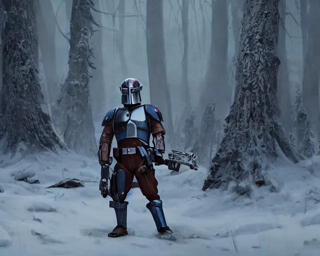 Image similar to jango fett mandalorian bounty hunter is surrounded by dead corpses with blood in a snow forest, concept art highly detailed, a mandalorian is looking at ahuge pile of grey helmets, great cinematic lighting, octane render, 8 k, depth of field, 3 d, art by greg rutkowski, trending on artstation, cinematographic shot