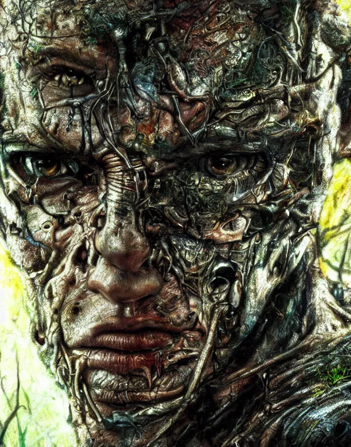 Image similar to Terminator covered in moss, photorealistic, masterpiece, perfect composition, hyperrealistic beautiful face, spectacular quality, intricate oil pastel glow, dynamic lighting, photorealistic, fantasy concept art, ambient lighting, atmospheric, stunning visuals, creative, cinematic, ultra detailed, trending on art station