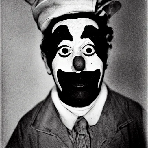 Image similar to portrait of a clown by Diane Arbus, 88mm, black and white