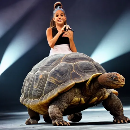 Image similar to ariana grande riding a giant tortoise on concert stage, 8 k resolution, cinematic lighting, anatomically correct