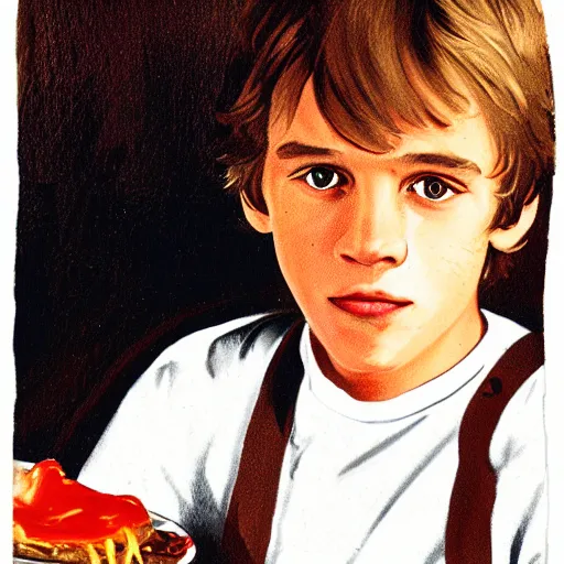 Image similar to portrait young luke skywalker sitting at a denny's restaurant eating a steak covered in ketchup