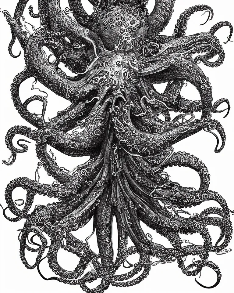 Image similar to a detailed scientific anatomical illustration of an alien cybernetic octopus