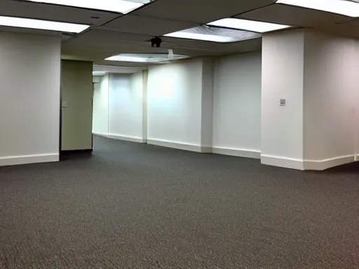 Prompt: an empty office space with off - white stained carpet and wallpaper, fluorescent lights, strangely placed walls, liminal space, craigslist photo, obviously ai generated