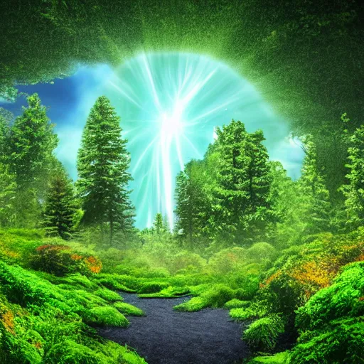 Image similar to A photo realistic green forrest with blue skies, a portal with a blue and orange nebula is showing at the back