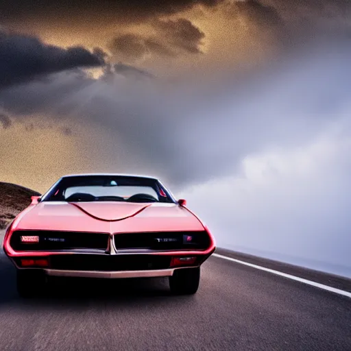 Prompt: pontiac firebird trans - am driving towards the camera, norway mountains, cinematic, motionblur, volumetric lighting, foggy, wide shot, low angle, large lightning storm, thunder storm, tornado