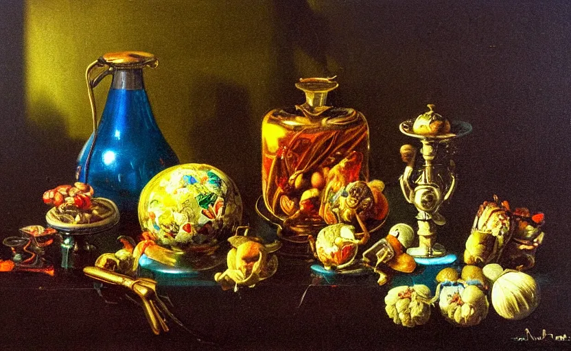 Image similar to beautiful colorful oil painting dutch golden age vanitas still life with gorgeous futuristic objects shiny transparent surfaces shiny metal devices insect nanotech rachel ruysch dali todd schorr very detailed perfect composition rule of thirds masterpiece chiaroscuro canon 5 0 mm, cinematic lighting, photography, retro, film, kodachrome