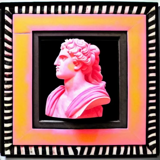 Image similar to a greco - roman marble bust sits on a pink and black checkerboard tile floor, a pink wall in the background with a framed photo of a cityscape at night, trending on bandcamp