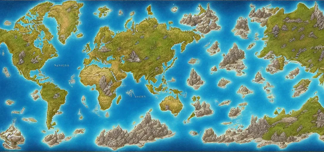 Prompt: fantasy world atlas in the style of a world of warcraft world map, 7 0 % ocean, extremely detailed, fantasy, no text, 4 k