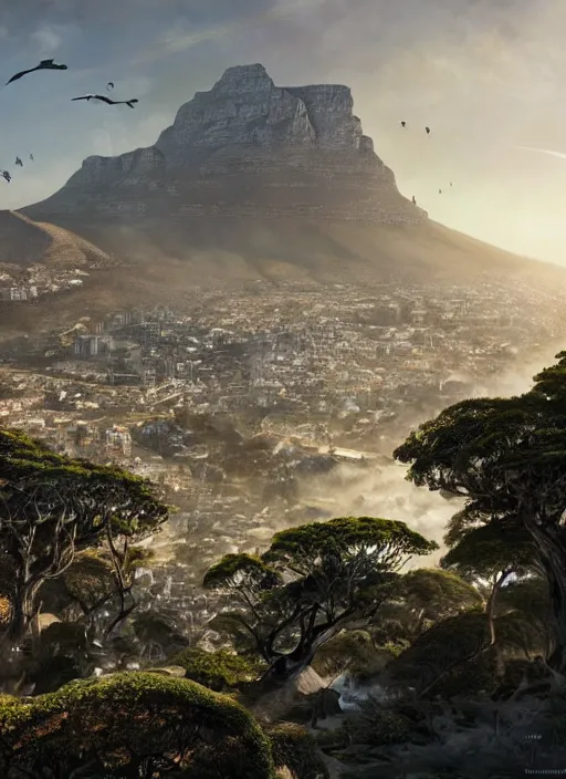 Image similar to chtulu attacking cape town city, table mountain, dense foliage beautiful details, strong composition by kim jung giu weta studio rutkowski, james gurney and greg rutkowski, and lucasfilm