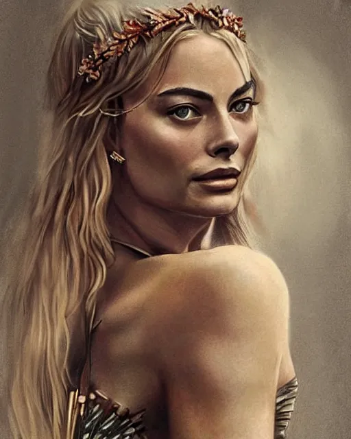 Image similar to realism tattoo sketch of margot robbie as a beautiful greek goddess aphrodite with piercing eyes wearing a laurel wreath and triangle earrings, in the style of greg rutkowski, amazing detail