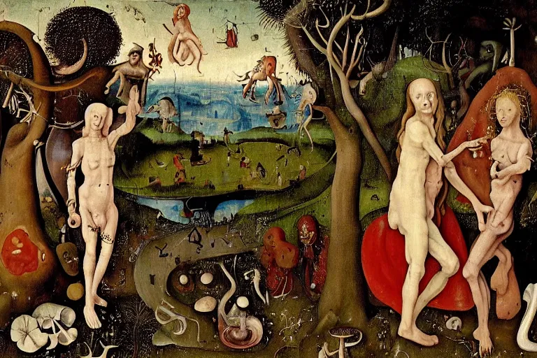 Image similar to a detailed horror vacui depicting adam and eve, in the garden of eden, eating a giant psychedelic mushroom, snakes and angels are in the background, 8K, hieronymus bosch, Jean Duvet,