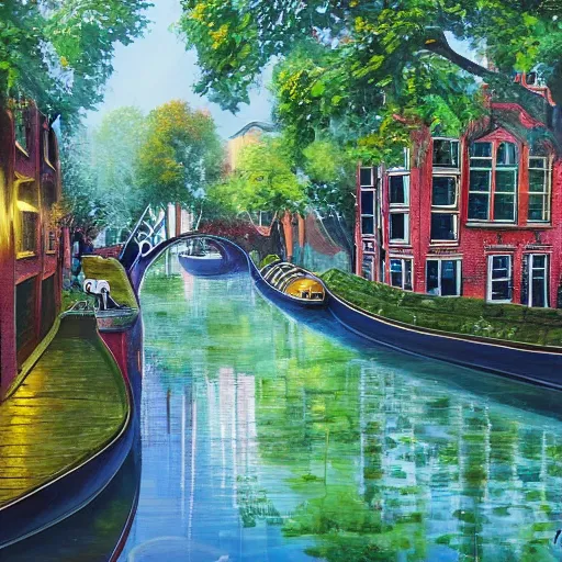 Prompt: Cosy canal in city of the future in harmony with nature. Nice colour scheme, soft warm colour. Beautiful detailed painting by Lurid. (2022)