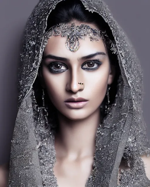 Image similar to a beautiful hyperrealistic ultradetailed, one indian model looking girl in a avant garde clothes on Gray Background for photo, photo studio, studio photography, studio light, photo for magazine, Designer clothes, futuristic clothes, clothes from the future, voge photo, fashion style, fullbody, in full growth, Clear facial features, photorealistic, high resolution, highly detailed, details, good clear quality