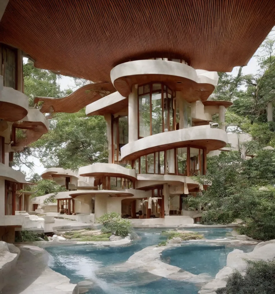 Prompt: a flowing villa with architectural design ， by frank lloyd wright ， trending ，