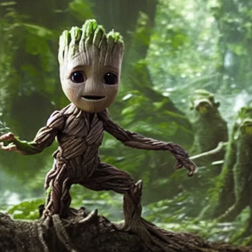 Prompt: Film still of Baby Groot sitting next to Grogu on Dagobah, from The Mandalorian (2019)