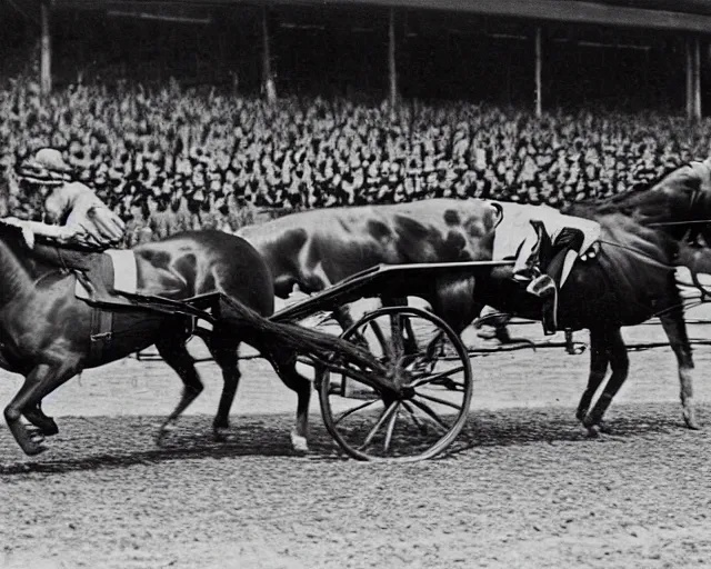 Prompt: a photo from the early 1900s of a horse racing an antique electric car