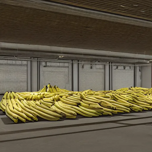 Prompt: The Interior of the Banana Cartel Warehouse, 3d render art, trending on cgsociety