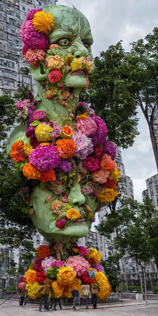 Image similar to colossal grotesque flower statue made from Lenin heads and colorful alien flowers in the middle of abandoned early soviet constructivist cityscape, Stalinist architecture, ultradetailed by Hayao Miyazaki and Josan Gonzalez and Makoto Shinkai and Giuseppe Arcimboldo and Wes Anderson