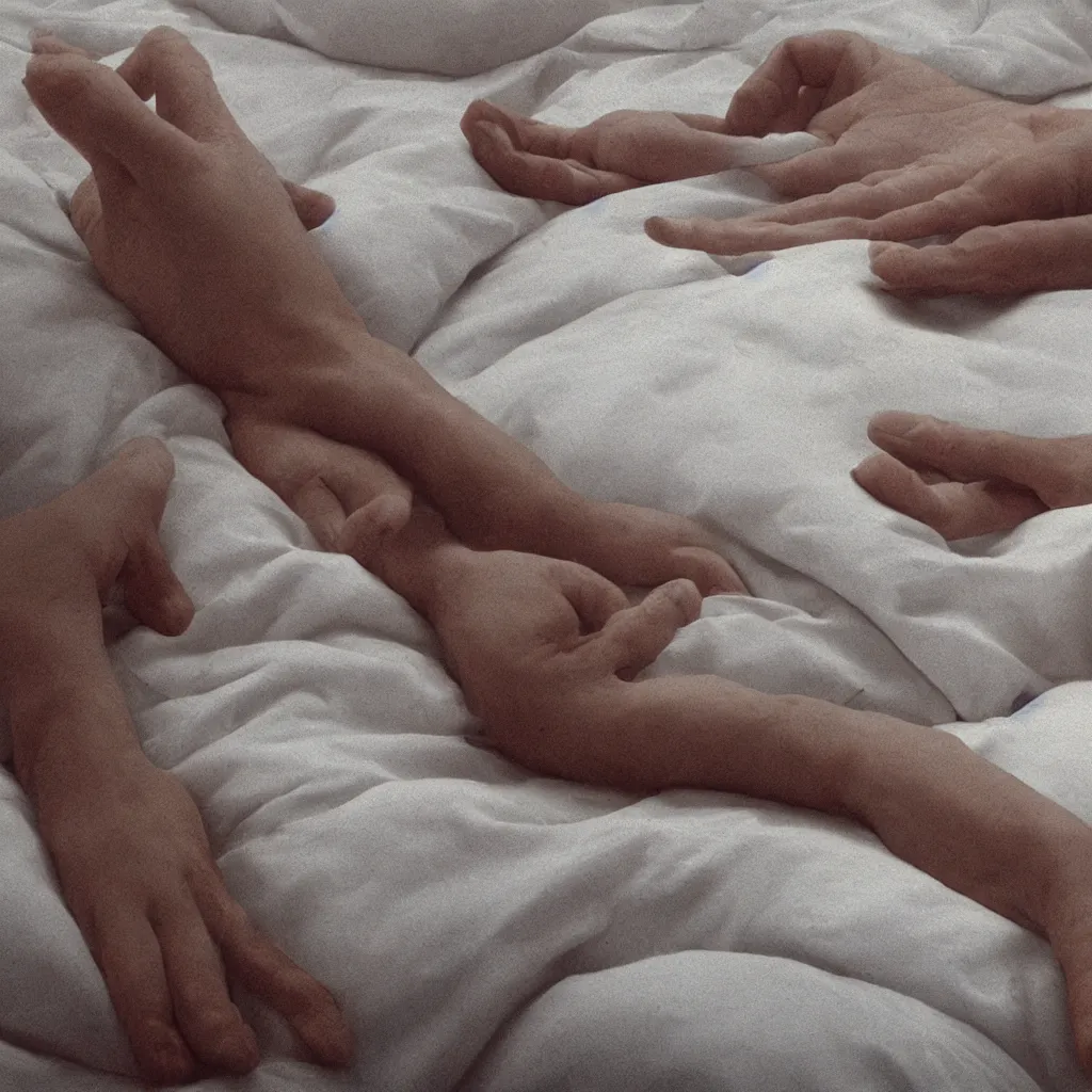 Image similar to close - up on the air - conditioning with water running on the white sheets of a girl's bed, hand of a teenager girl, ablurred, depth of field, unframed, by neo rauch, 8 k hyper realistic detailed cinematic still