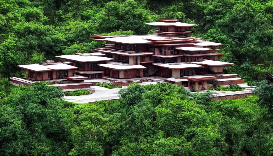 Image similar to tibetan architecture villa, on a green hill, overlooking a valley with trees, frank lloyd wright, le corbeusier, photorealistic, birds eye view