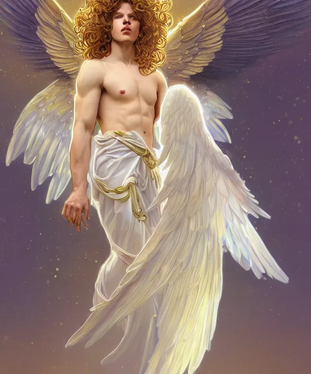 Prompt: fullbody portrait of a beautiful young fit male angel with curly blond hairs, full dressed in long fluent clothes, majestic big dove wings, luminous halo, by greg rutkowski and alphonse mucha, gradient white to gold, in front of an iridescent background, highly detailed portrait, digital painting, artstation, concept art, smooth, sharp focus illustration